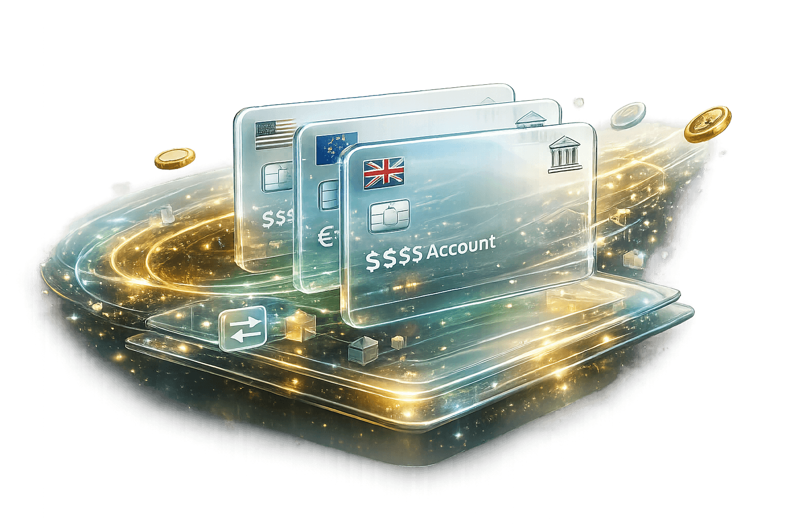 3D banking artwork representing USD, EUR and GBP receiving accounts