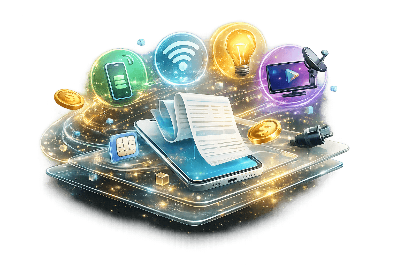 3D payments artwork representing airtime, data and utility bill payments