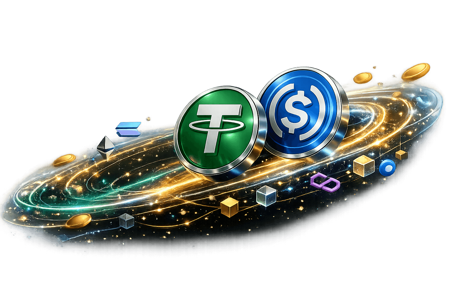 3D stablecoin artwork featuring USDT and USDC with glowing multichain rails