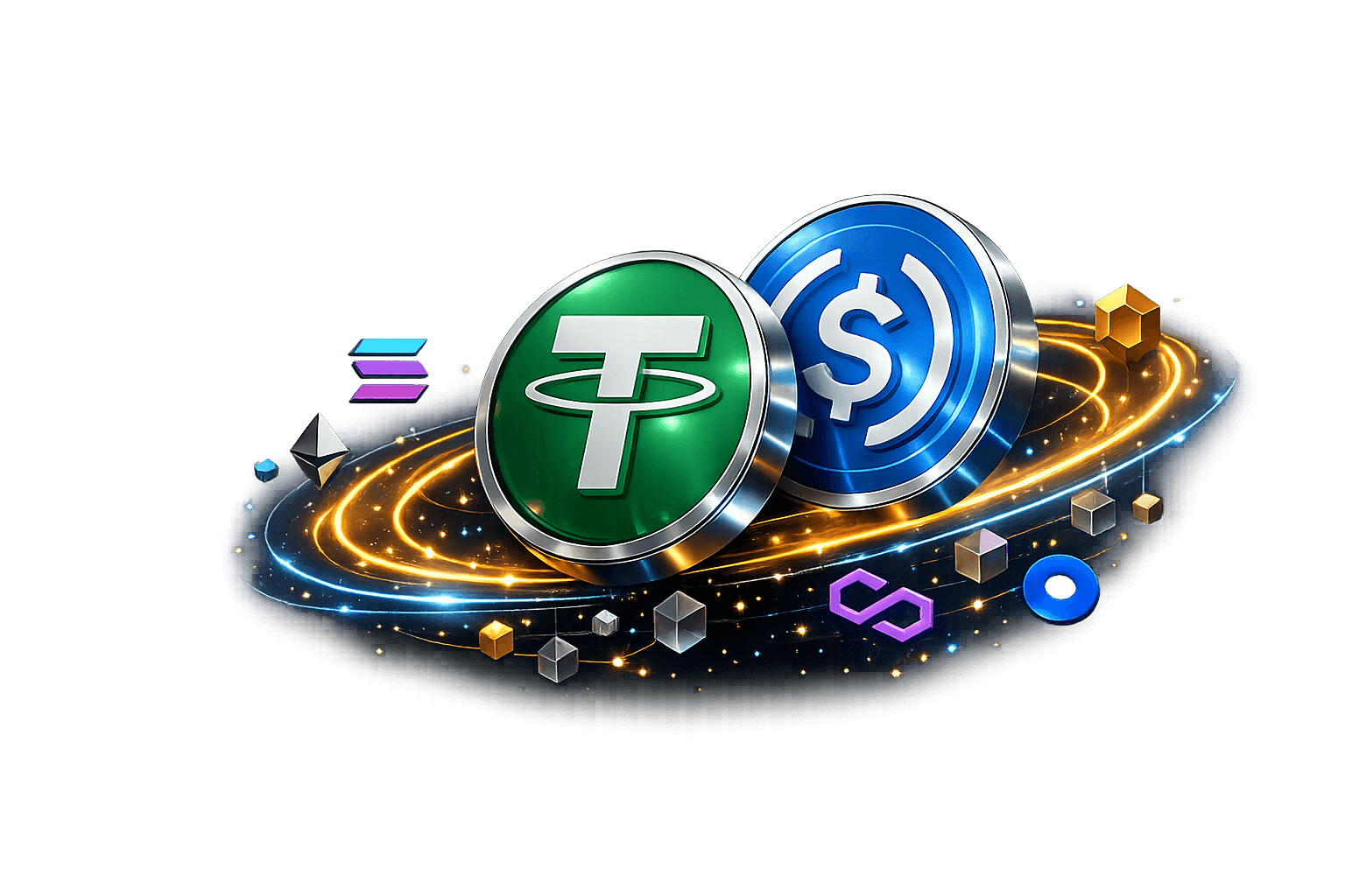 3D USDT and USDC stablecoin artwork with multichain rails
